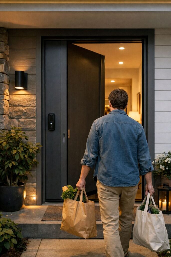 Slim slot dat automatisch ontgrendelt wanneer iemand met boodschappen thuiskomt, zonder gebruik van sleutels