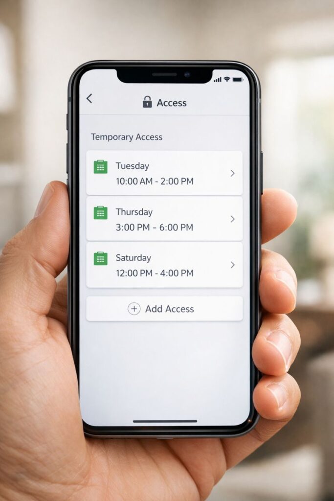 Smartphone met overzicht van tijdelijke digitale toegang tot een woning via slim slot
